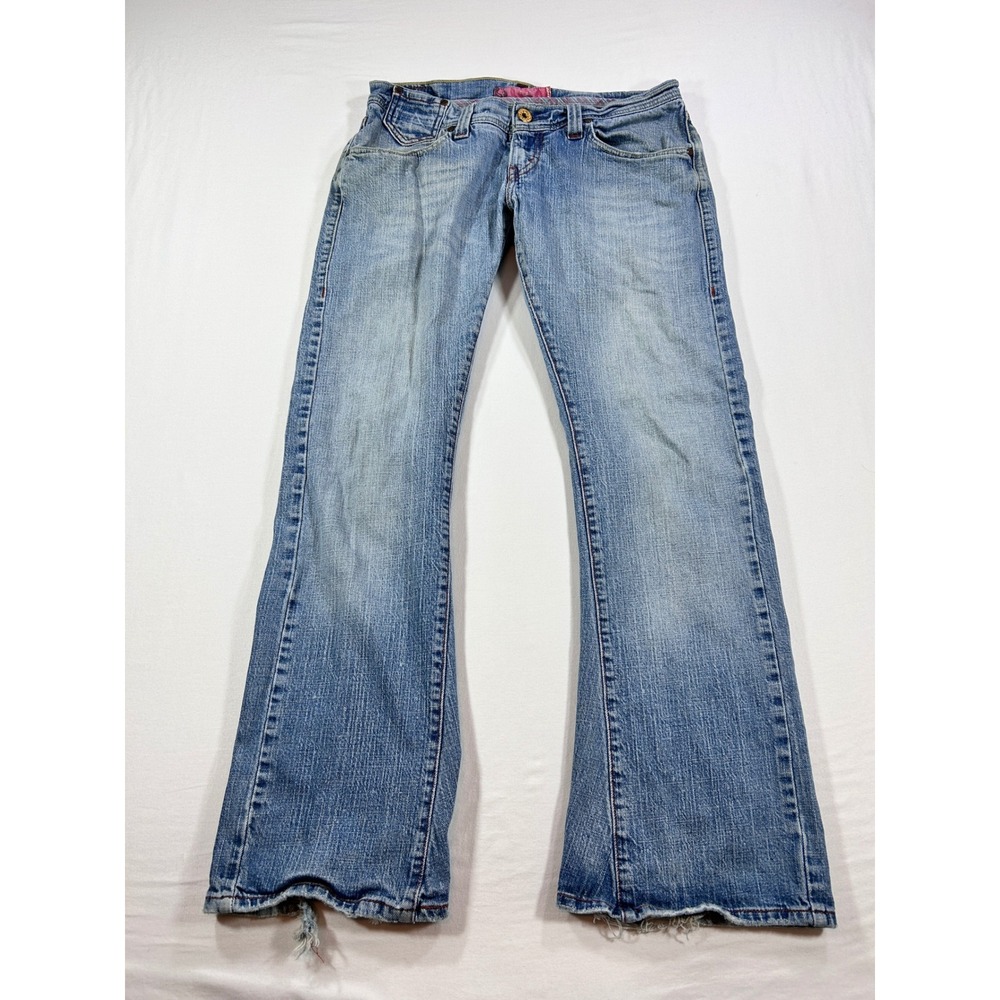 Levis Flare Jeans Womens 11M Light Wash Low Rise Flap Pocket Distressed Blue